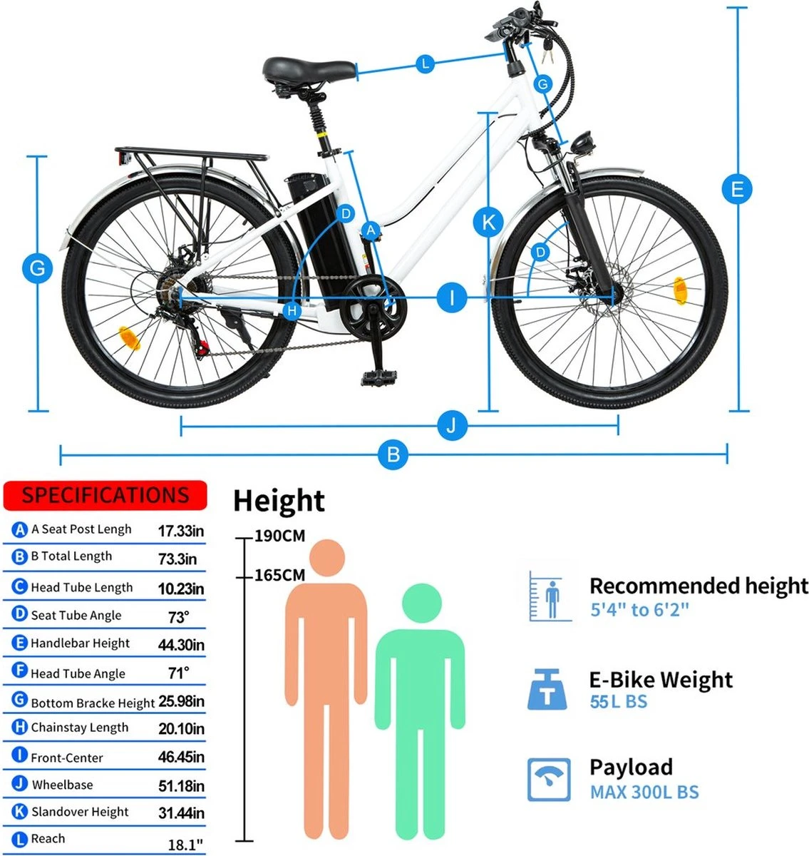HITWAY 26 Inch E-bike, Elektrische Fiets Voor Heren En Dames, Pedelec Stadsfietsen, 250 W Motor, 36 V/11,2 Ah E-bike, Shimano 7 Versnellingen, 35-90 Km| Wit / Blauw 9 HITWAY 26 Inch E-bike, Elektrische Fiets Voor Heren En Dames, Pedelec Stadsfietsen, 250 W Motor, 36 V/11,2 Ah E-bike, Shimano 7 Versnellingen, 35-90 Km| Wit / Blauw - Afbeelding 7