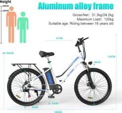 HITWAY Elektrische Fiets Voor Volwassenen | Ebikes Fietsen Stadsfiets | 250W 36V Motor | 7 VERSNELLINGSSYSTEE | 26 Inch - Wit -Fietsenwinkel 1200x1117