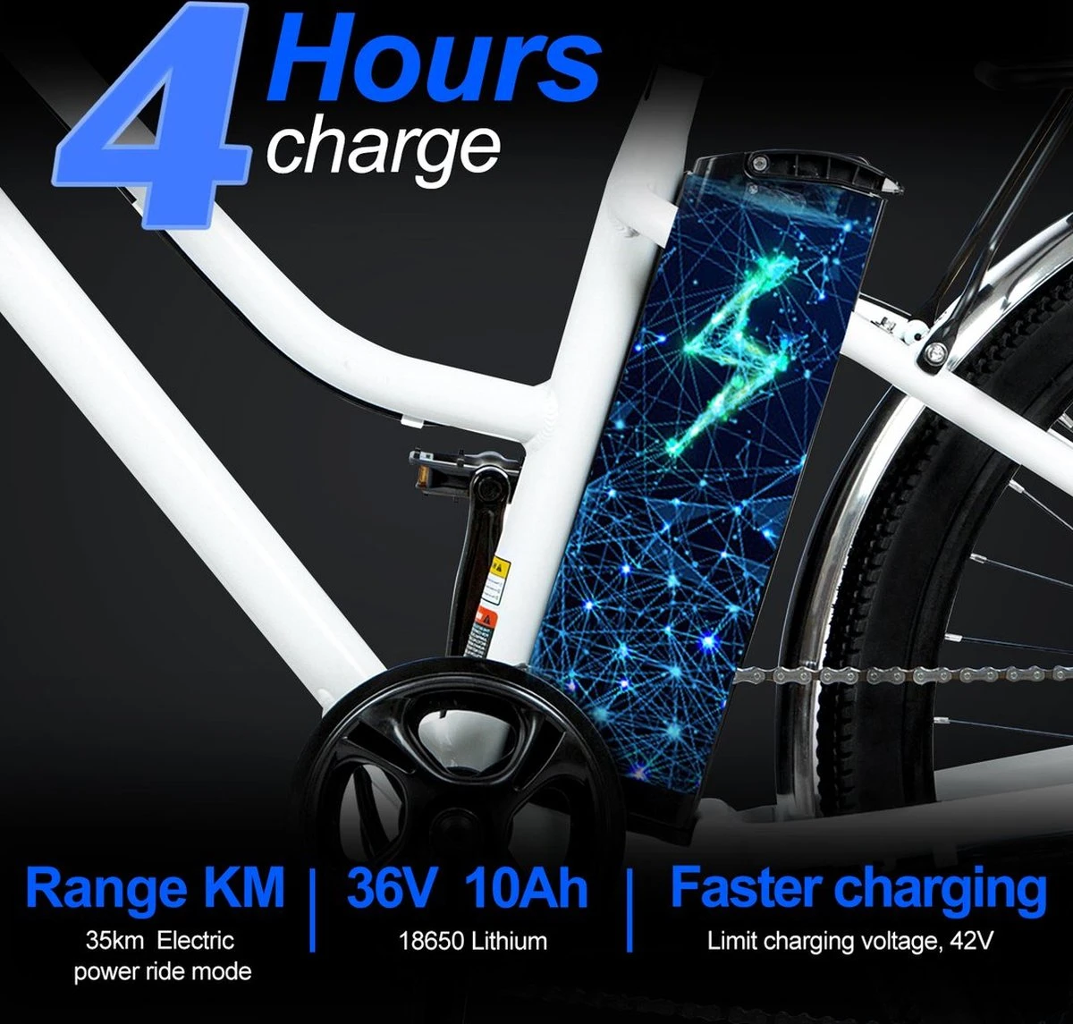 HITWAY 26 Inch E-bike, Elektrische Fiets Voor Heren En Dames, Pedelec Stadsfietsen, 250 W Motor, 36 V/11,2 Ah E-bike, Shimano 7 Versnellingen, 35-90 Km| Wit / Blauw 4 HITWAY 26 Inch E-bike, Elektrische Fiets Voor Heren En Dames, Pedelec Stadsfietsen, 250 W Motor, 36 V/11,2 Ah E-bike, Shimano 7 Versnellingen, 35-90 Km| Wit / Blauw - Afbeelding 2