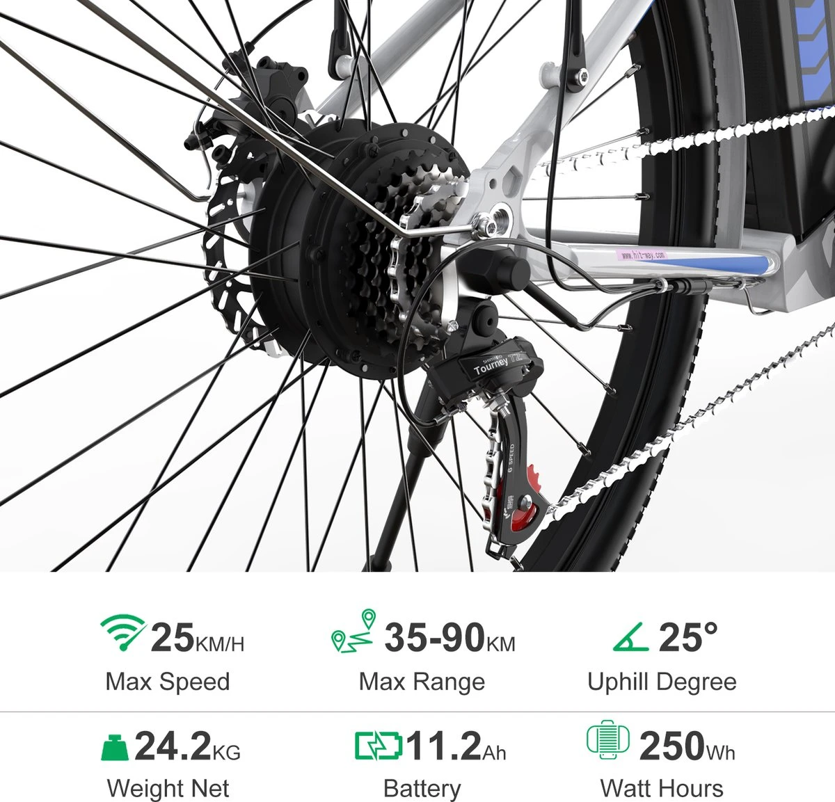HITWAY Elektrische Fiets, 26 Inch, 250 W Motor, Li-batterij 36 V/11,2 Ah Ebike, Shimano 7 Versnellingen, Tot 35-90 Km 5 HITWAY Elektrische Fiets, 26 Inch, 250 W Motor, Li-batterij 36 V/11,2 Ah Ebike, Shimano 7 Versnellingen, Tot 35-90 Km - Afbeelding 3
