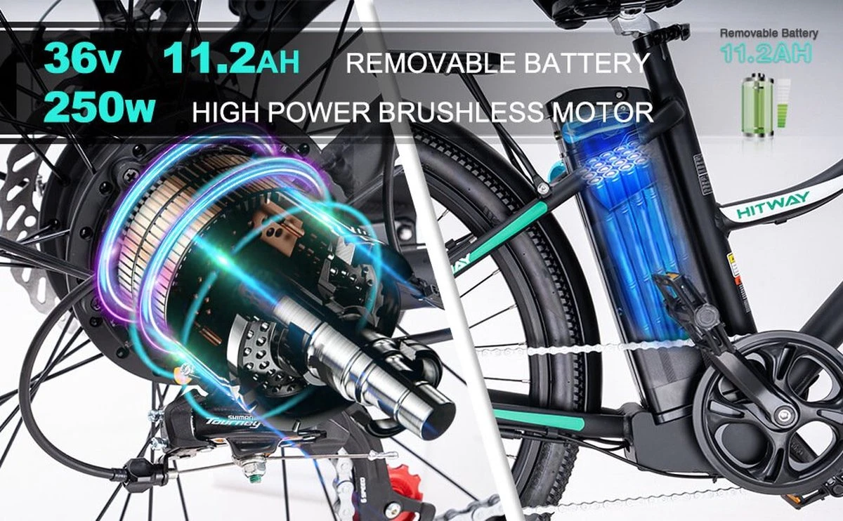 HITWAY 26 Inch E-bike, Elektrische Fiets Voor Heren En Dames, Pedelec Stadsfietsen, 250 W Motor, 36 V/11,2 Ah E-bike, Shimano 7 Versnellingen, 35-90 Km| Wit / Blauw 12 HITWAY 26 Inch E-bike, Elektrische Fiets Voor Heren En Dames, Pedelec Stadsfietsen, 250 W Motor, 36 V/11,2 Ah E-bike, Shimano 7 Versnellingen, 35-90 Km| Wit / Blauw - Afbeelding 10